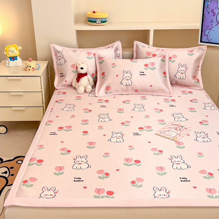 91家纺网 家纺一手货源 找家纺 懒猫家纺 2026新款600D数码印花冰丝凉席系列 郁金香小兔