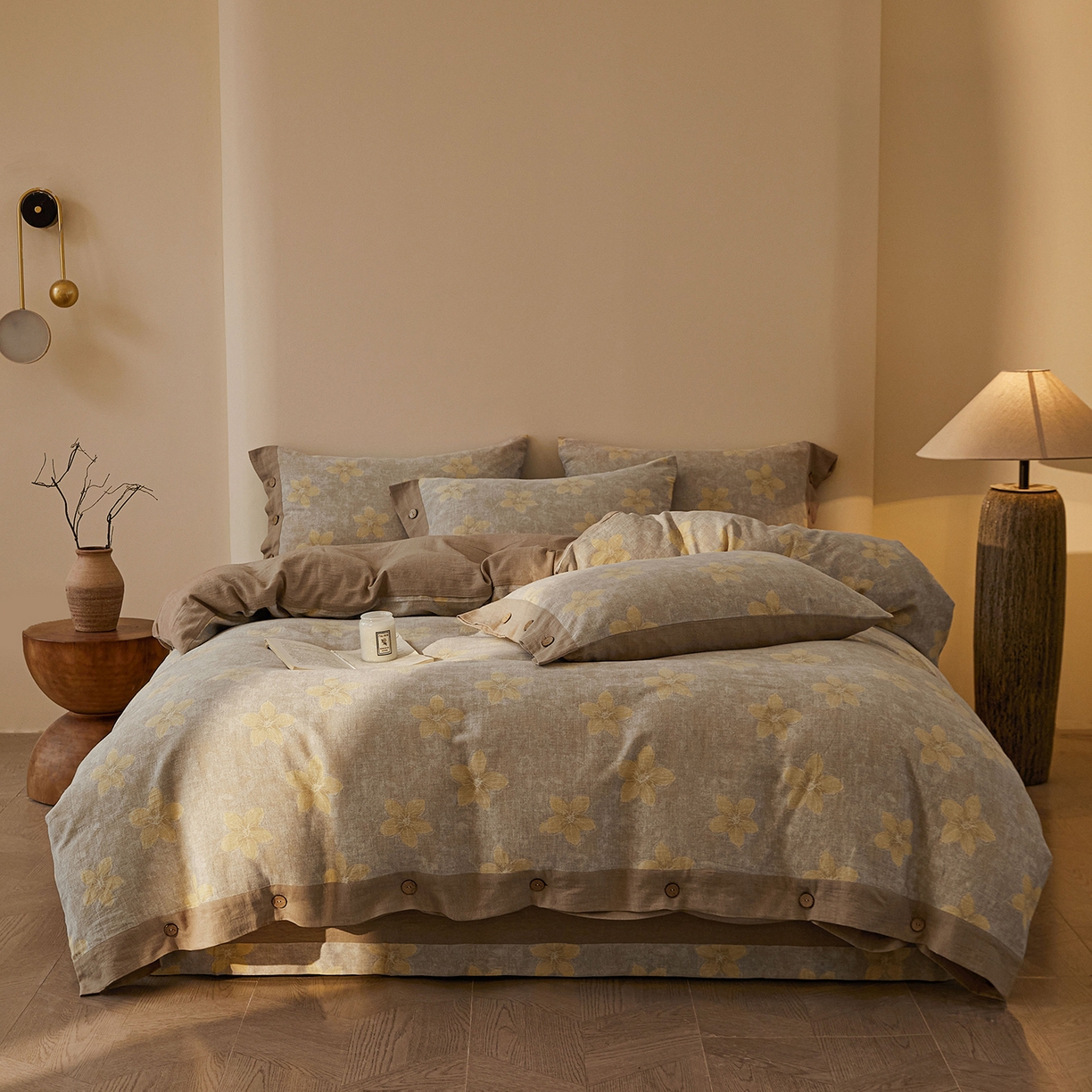 91家纺网 家纺一手货源 找家纺 （总）仰望棉麻双层纱供应链 2026新款艺语一花三色全棉色织提花双层纱纽扣款四件套