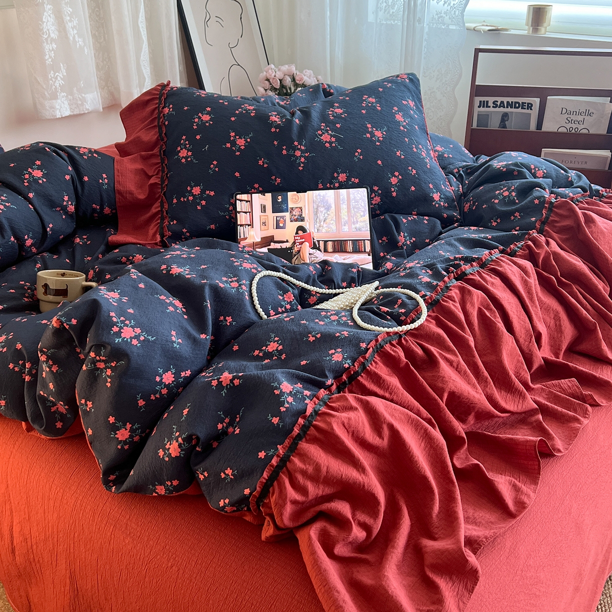 91家纺网 家纺一手货源 找家纺 （总）晨曦家纺 2026新款韩系法式慵懒氛围感印花泡芙花边四件套