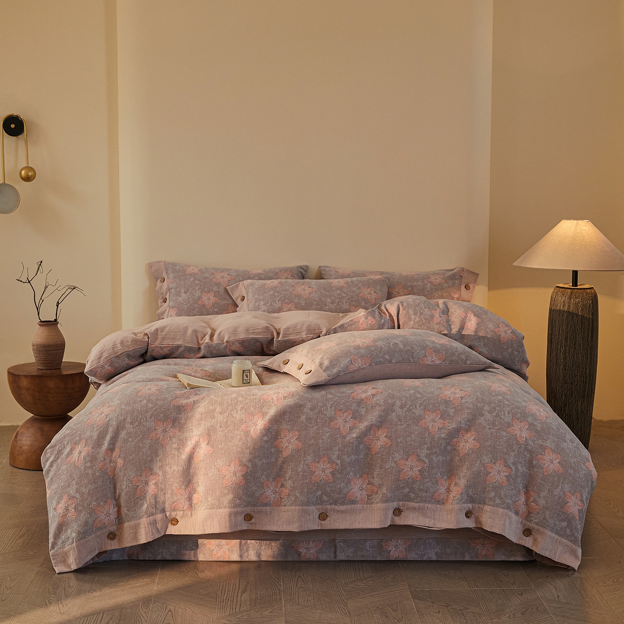 91家纺网 家纺一手货源 找家纺 （总）仰望棉麻双层纱供应链 2026新款艺语一花三色全棉色织提花双层纱纽扣款四件套