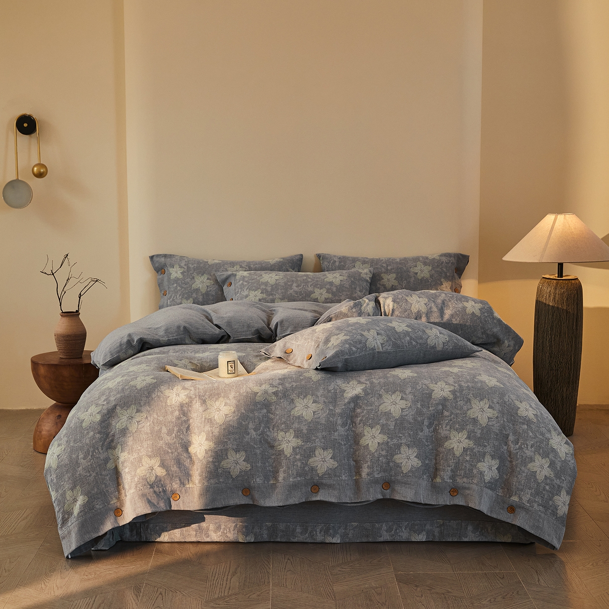 91家纺网 家纺一手货源 找家纺 （总）仰望棉麻双层纱供应链 2026新款艺语一花三色全棉色织提花双层纱纽扣款四件套