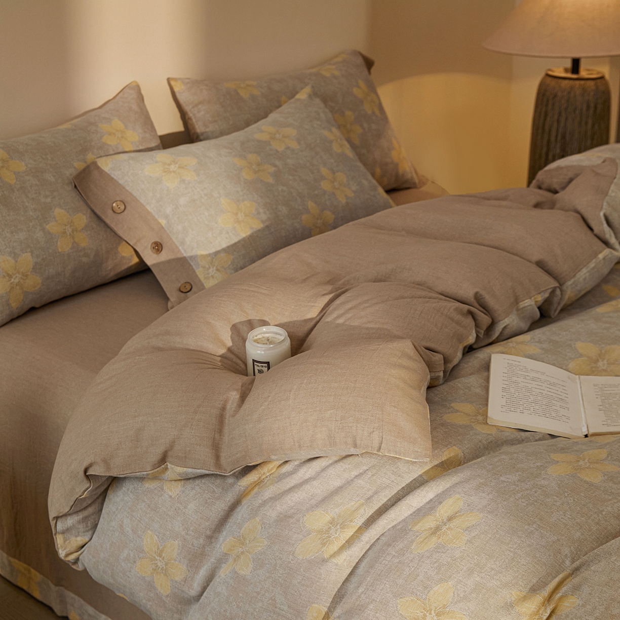 91家纺网 家纺一手货源 找家纺 （总）仰望棉麻双层纱供应链 2026新款艺语一花三色全棉色织提花双层纱纽扣款四件套