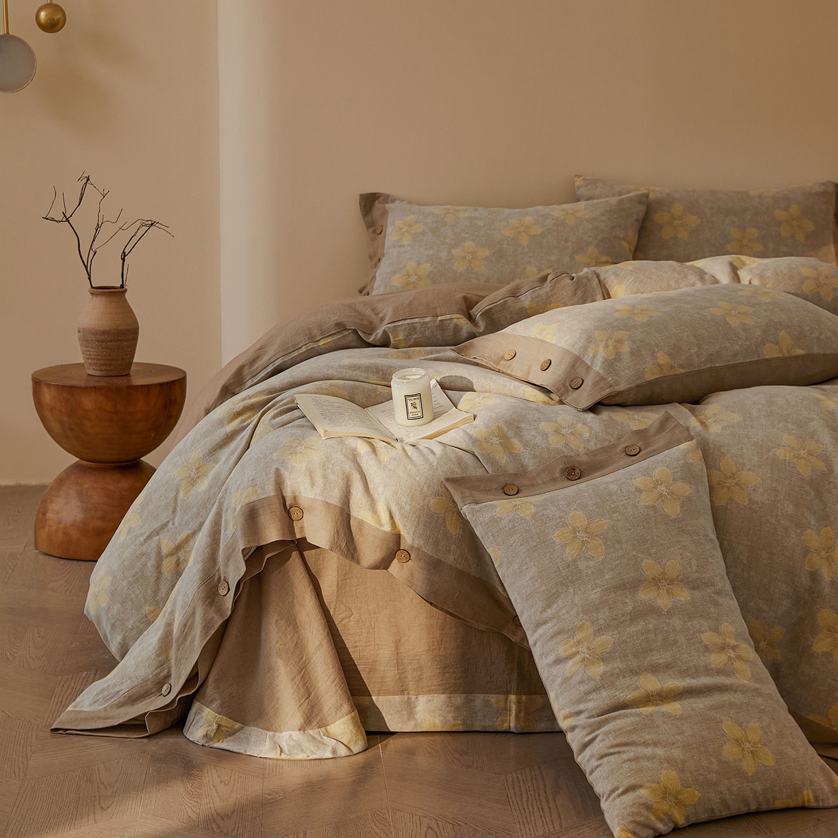 91家纺网 家纺一手货源 找家纺 （总）仰望棉麻双层纱供应链 2026新款艺语一花三色全棉色织提花双层纱纽扣款四件套