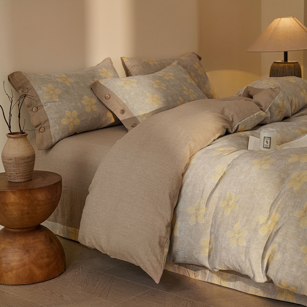 91家纺网 家纺一手货源 找家纺 （总）仰望棉麻双层纱供应链 2026新款艺语一花三色全棉色织提花双层纱纽扣款四件套