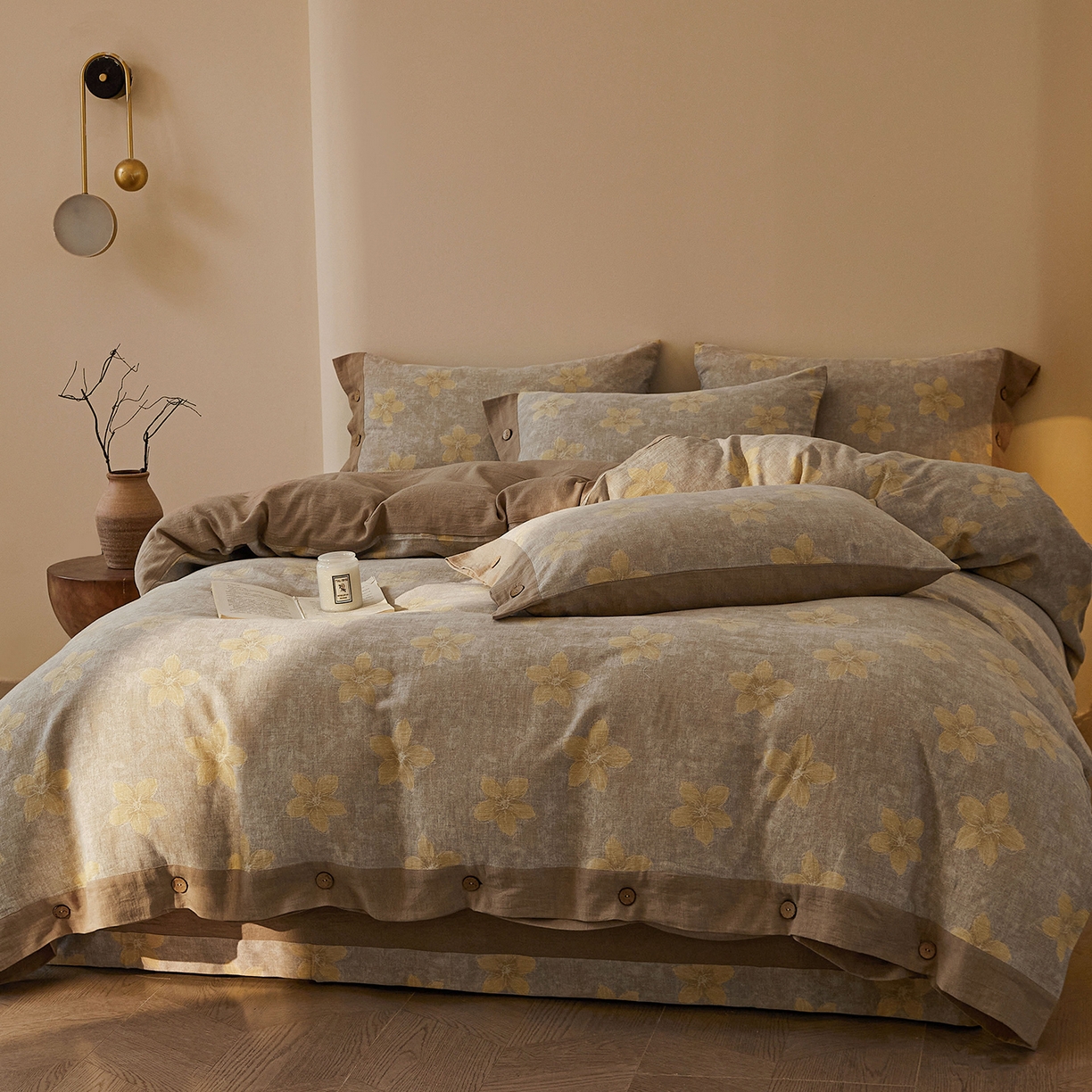 91家纺网 家纺一手货源 找家纺 （总）仰望棉麻双层纱供应链 2026新款艺语一花三色全棉色织提花双层纱纽扣款四件套