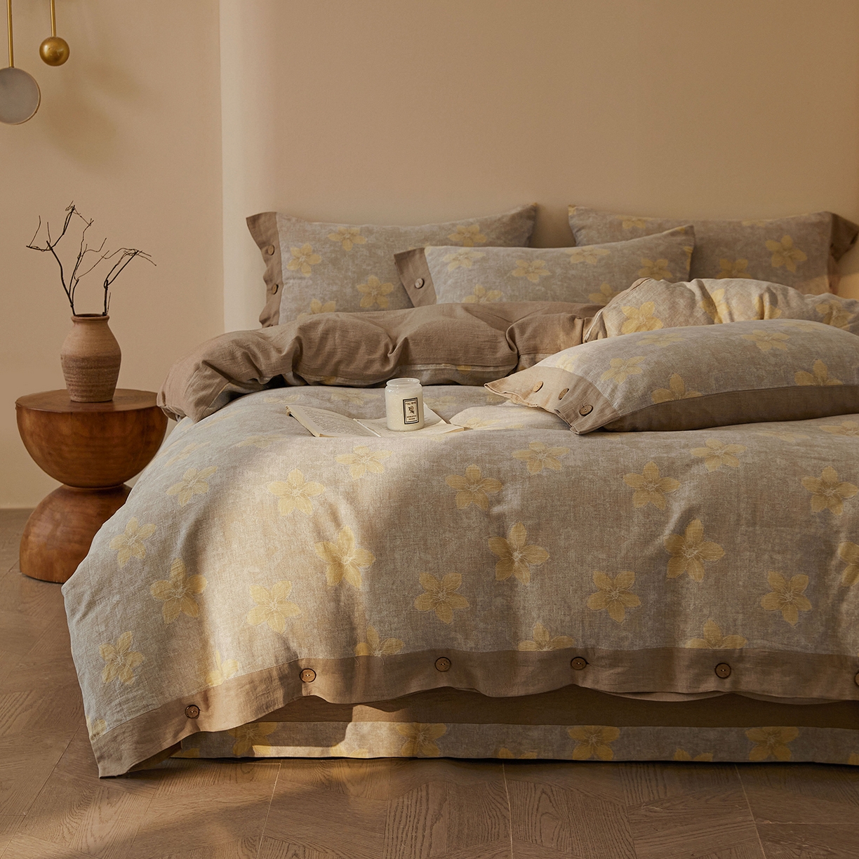 91家纺网 家纺一手货源 找家纺 （总）仰望棉麻双层纱供应链 2026新款艺语一花三色全棉色织提花双层纱纽扣款四件套