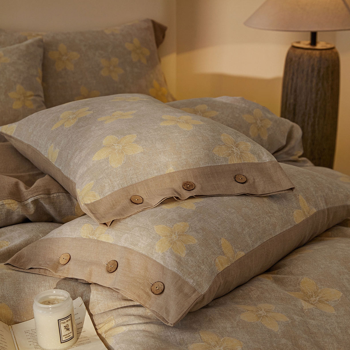 91家纺网 家纺一手货源 找家纺 （总）仰望棉麻双层纱供应链 2026新款艺语一花三色全棉色织提花双层纱纽扣款四件套