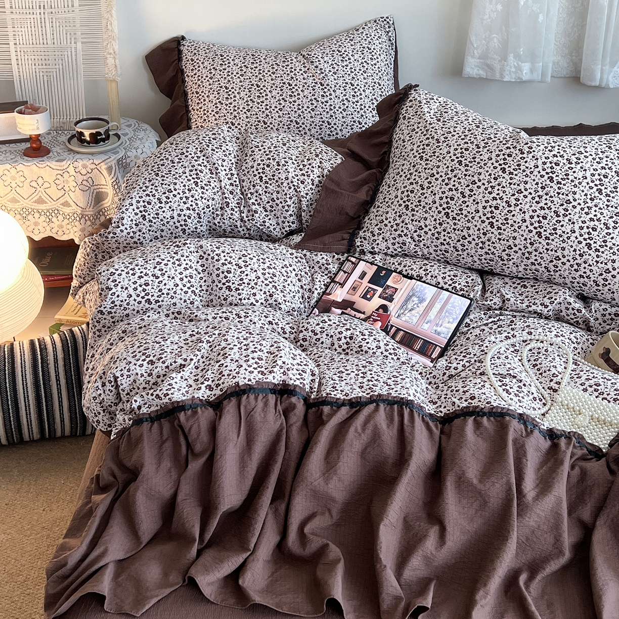 91家纺网 家纺一手货源 找家纺 （总）晨曦家纺 2026新款韩系法式慵懒氛围感印花泡芙花边四件套