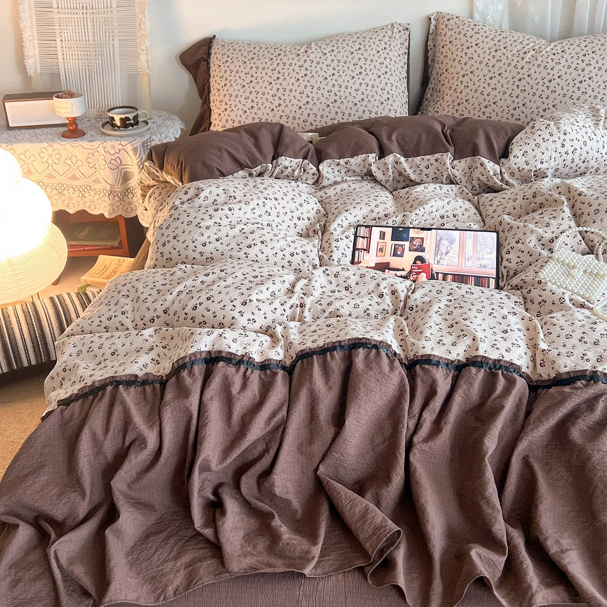 91家纺网 家纺一手货源 找家纺 （总）晨曦家纺 2026新款韩系法式慵懒氛围感印花泡芙花边四件套