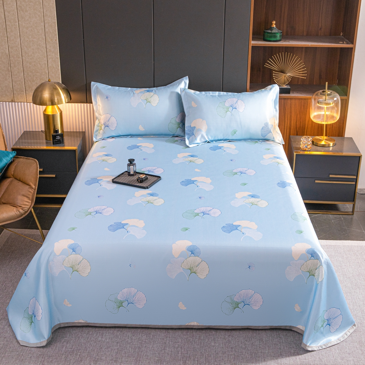 91家纺网 家纺一手货源 找家纺 星窝家纺 2026新款直播电商优选可机洗斜纹提花冰丝凉席三件套 银杏叶蓝