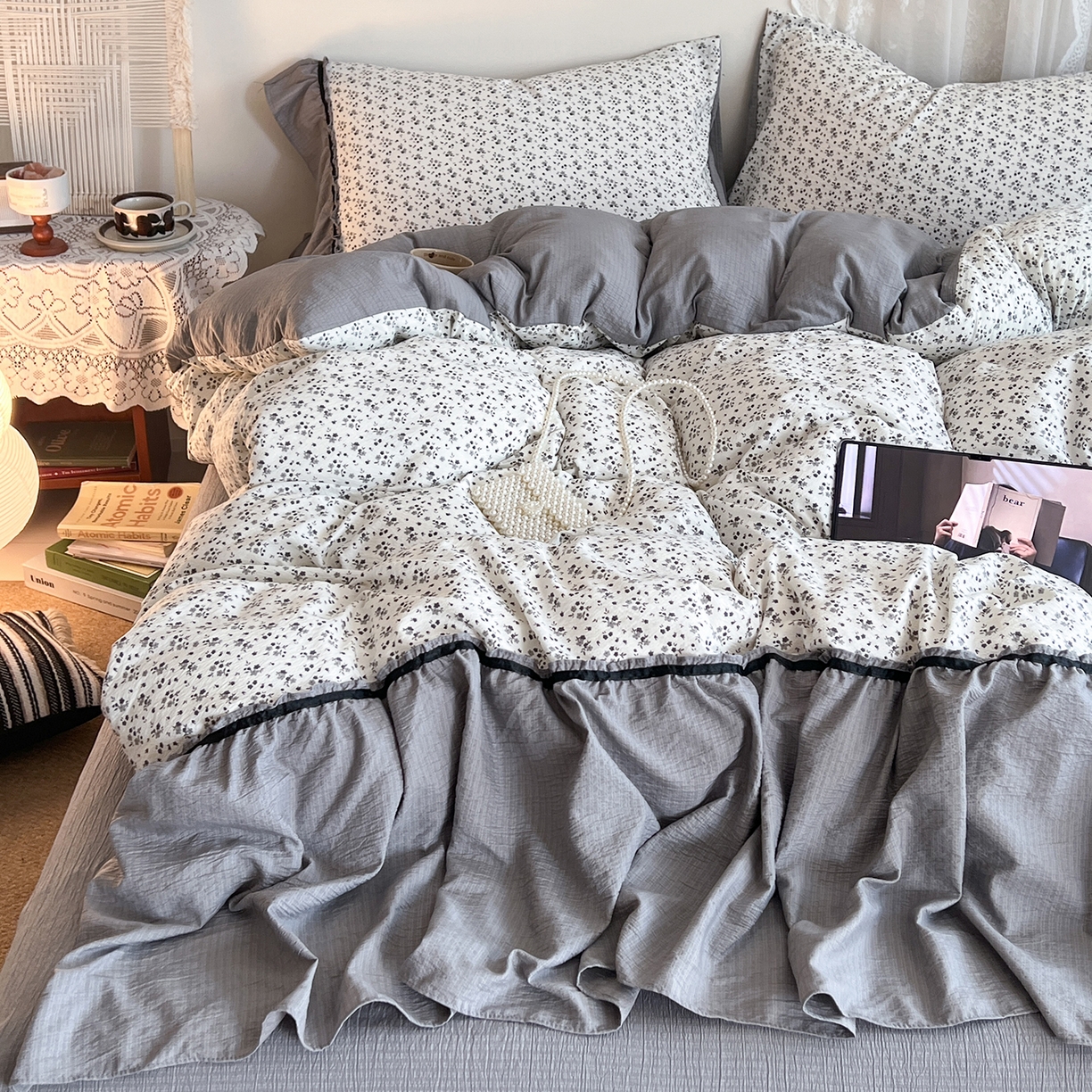 91家纺网 家纺一手货源 找家纺 （总）晨曦家纺 2026新款韩系法式慵懒氛围感印花泡芙花边四件套