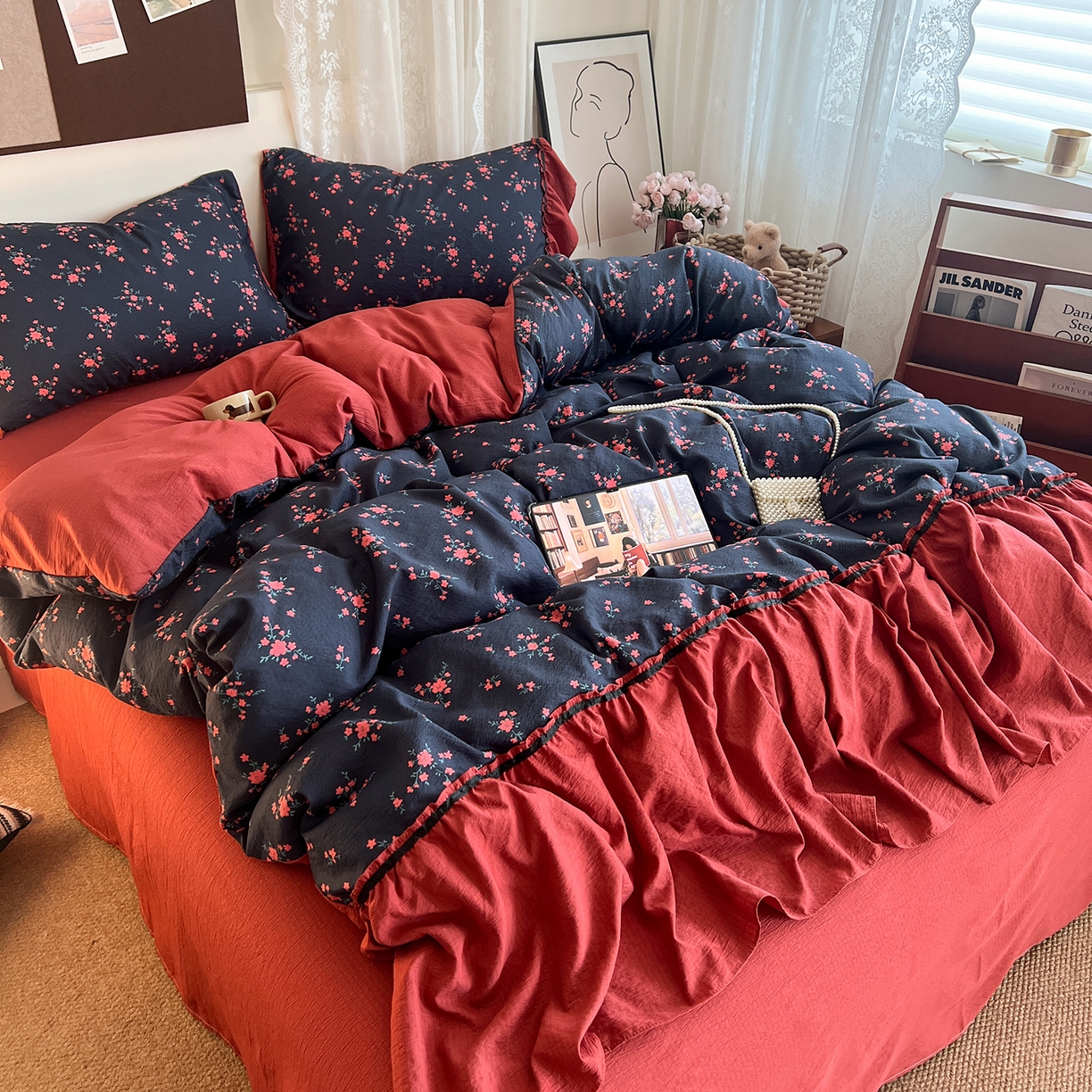 91家纺网 家纺一手货源 找家纺 晨曦家纺 2026新款韩系法式慵懒氛围感印花泡芙花边四件套 红莓花信