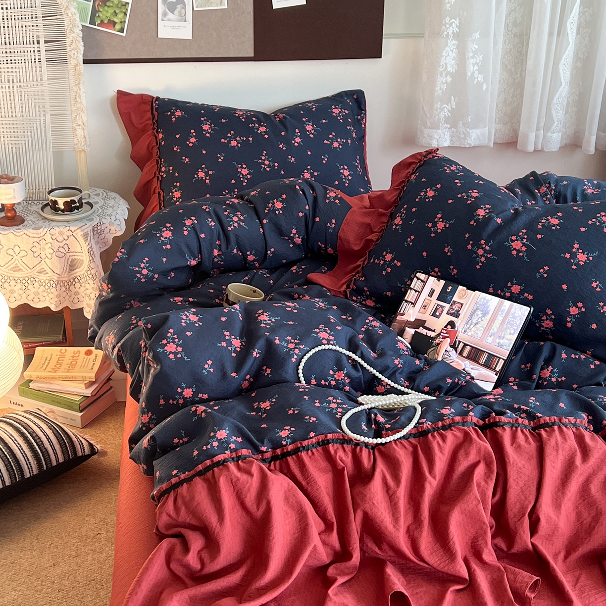 91家纺网 家纺一手货源 找家纺 晨曦家纺 2026新款韩系法式慵懒氛围感印花泡芙花边四件套 红莓花信