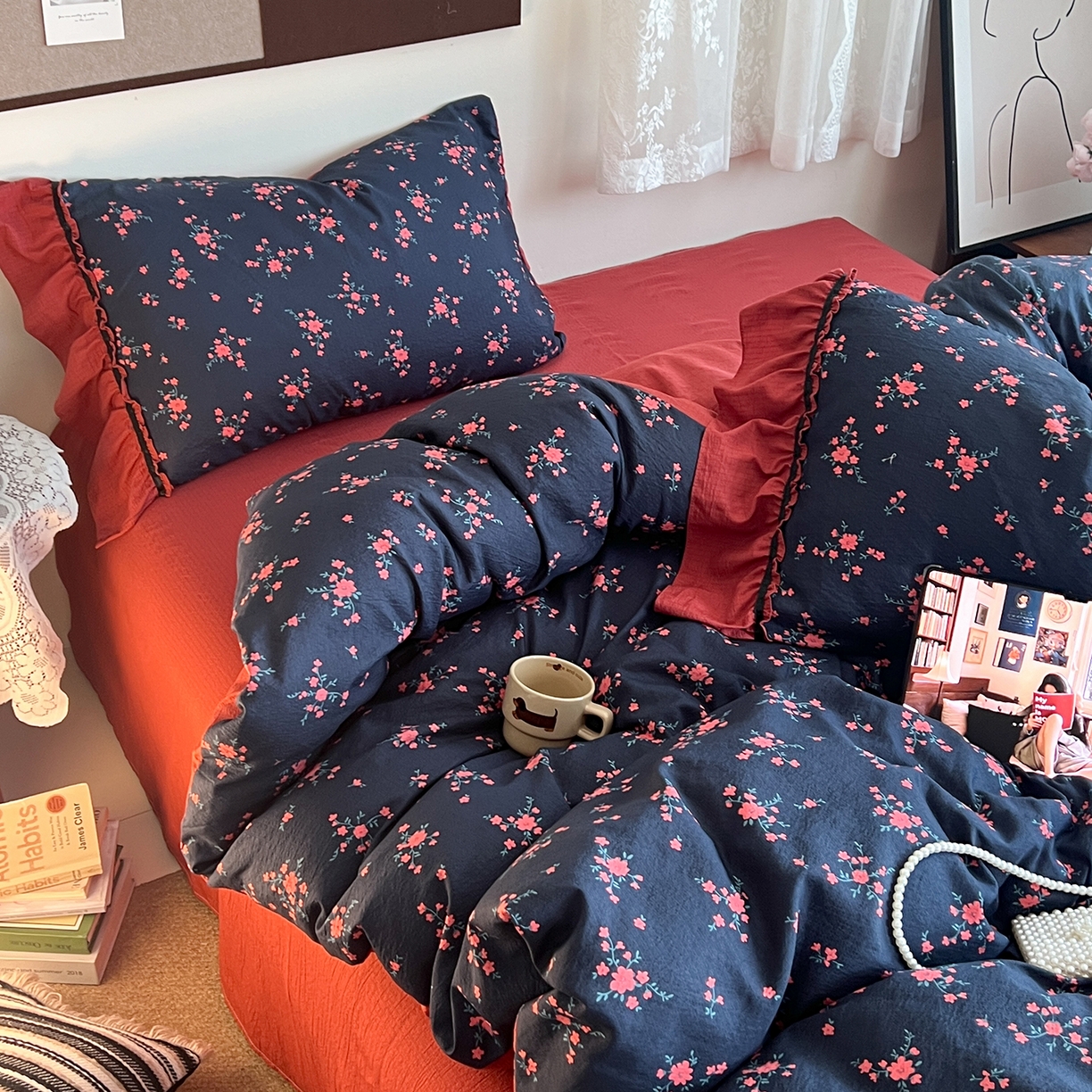 91家纺网 家纺一手货源 找家纺 晨曦家纺 2026新款韩系法式慵懒氛围感印花泡芙花边四件套 红莓花信