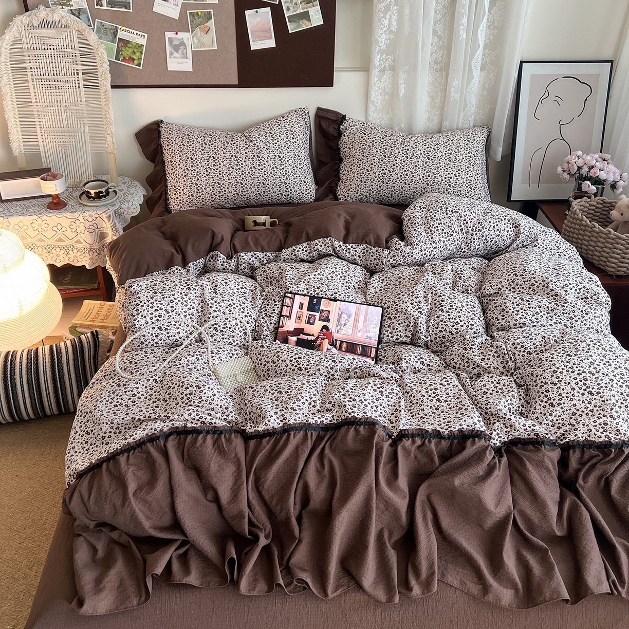 91家纺网 家纺一手货源 找家纺 晨曦家纺 2026新款韩系法式慵懒氛围感印花泡芙花边四件套 布朗花影