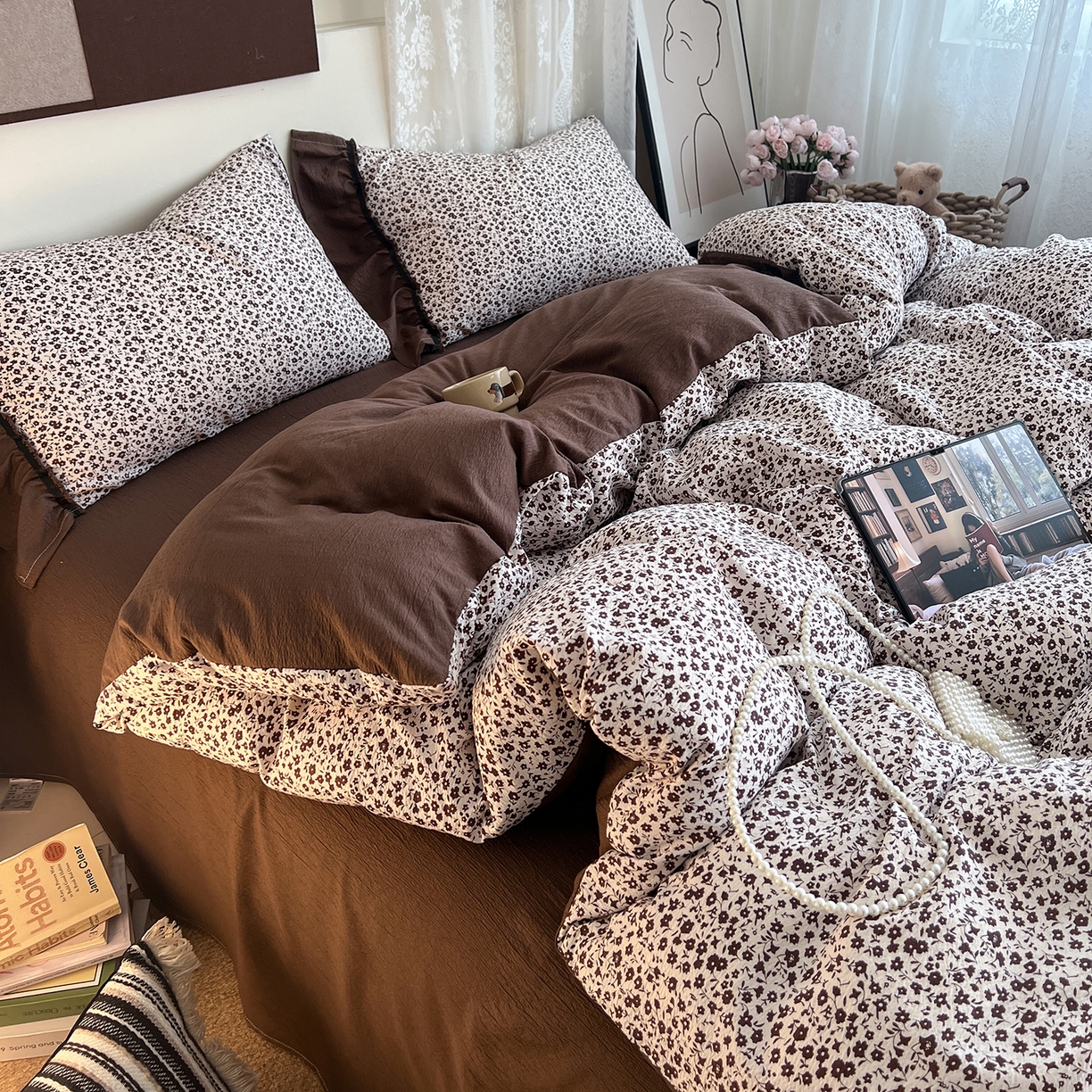 91家纺网 家纺一手货源 找家纺 晨曦家纺 2026新款韩系法式慵懒氛围感印花泡芙花边四件套 布朗花影