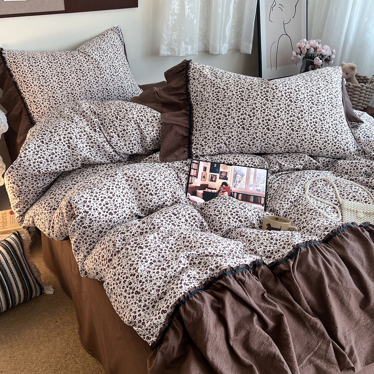 91家纺网 家纺一手货源 找家纺 晨曦家纺 2026新款韩系法式慵懒氛围感印花泡芙花边四件套 布朗花影