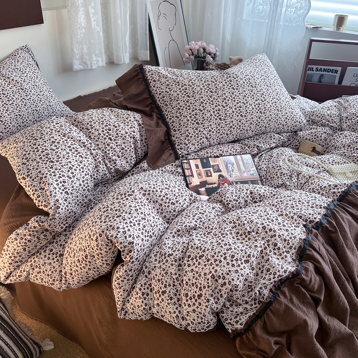 91家纺网 家纺一手货源 找家纺 晨曦家纺 2026新款韩系法式慵懒氛围感印花泡芙花边四件套 布朗花影