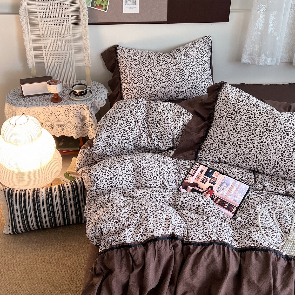 91家纺网 家纺一手货源 找家纺 晨曦家纺 2026新款韩系法式慵懒氛围感印花泡芙花边四件套 布朗花影