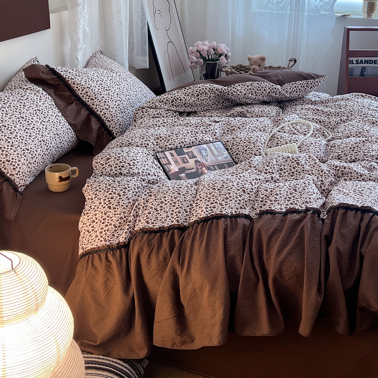 91家纺网 家纺一手货源 找家纺 晨曦家纺 2026新款韩系法式慵懒氛围感印花泡芙花边四件套 布朗花影