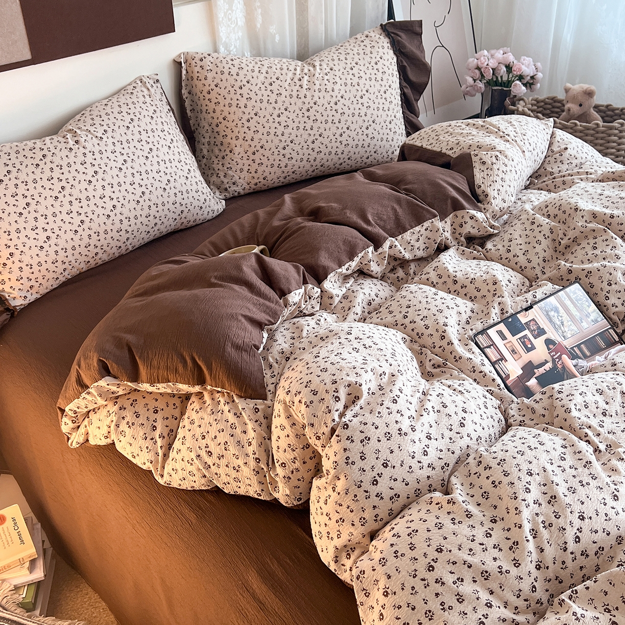 91家纺网 家纺一手货源 找家纺 晨曦家纺 2026新款韩系法式慵懒氛围感印花泡芙花边四件套 可可花舞