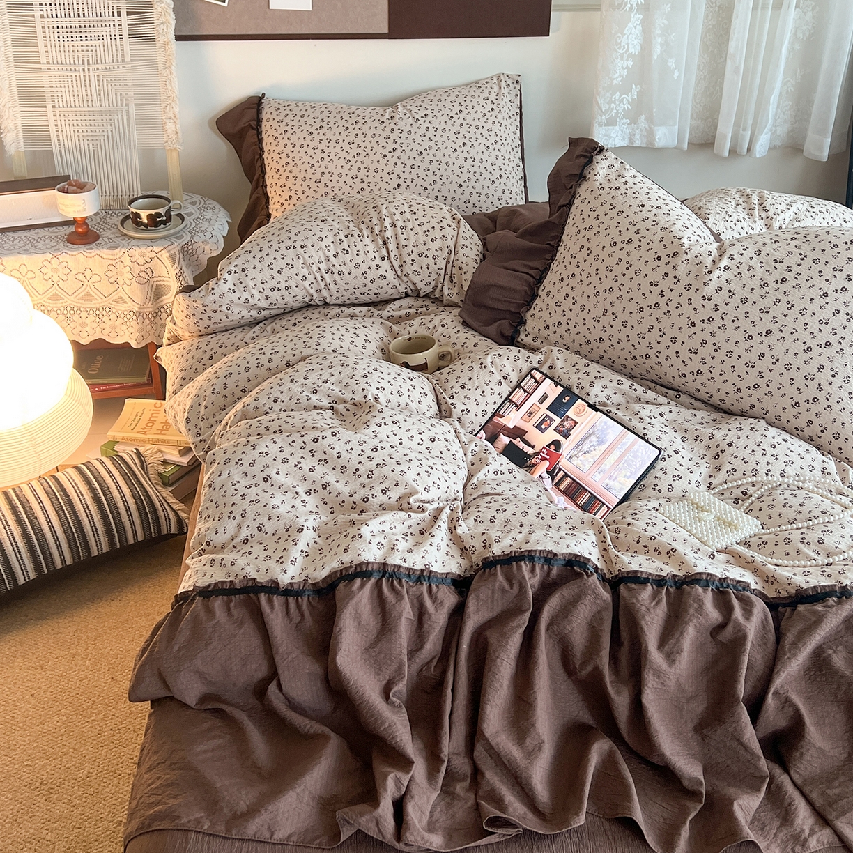 91家纺网 家纺一手货源 找家纺 晨曦家纺 2026新款韩系法式慵懒氛围感印花泡芙花边四件套 可可花舞