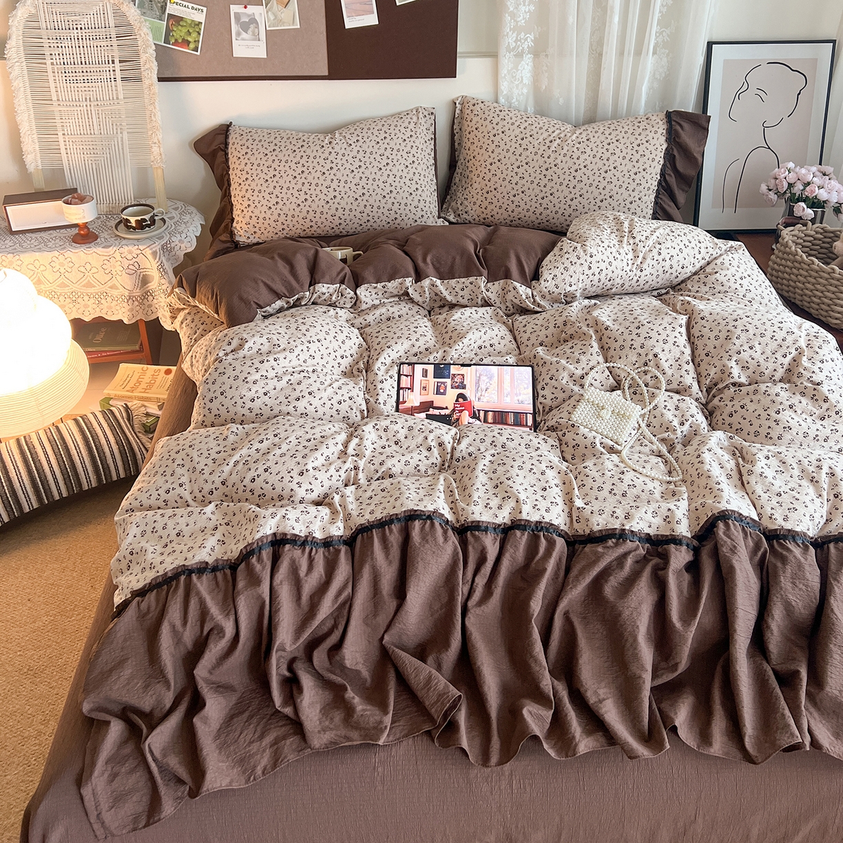 91家纺网 家纺一手货源 找家纺 晨曦家纺 2026新款韩系法式慵懒氛围感印花泡芙花边四件套 可可花舞