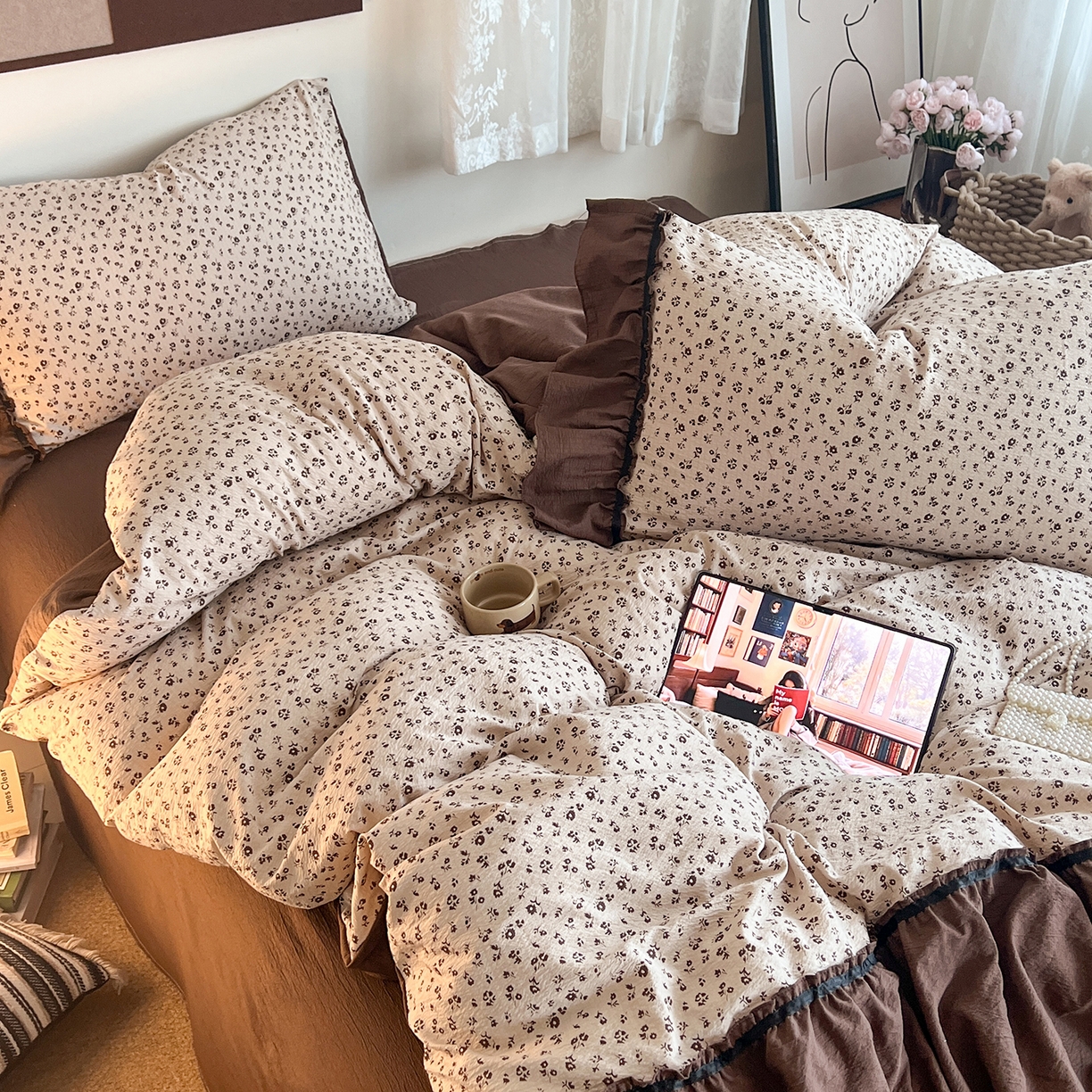 91家纺网 家纺一手货源 找家纺 晨曦家纺 2026新款韩系法式慵懒氛围感印花泡芙花边四件套 可可花舞