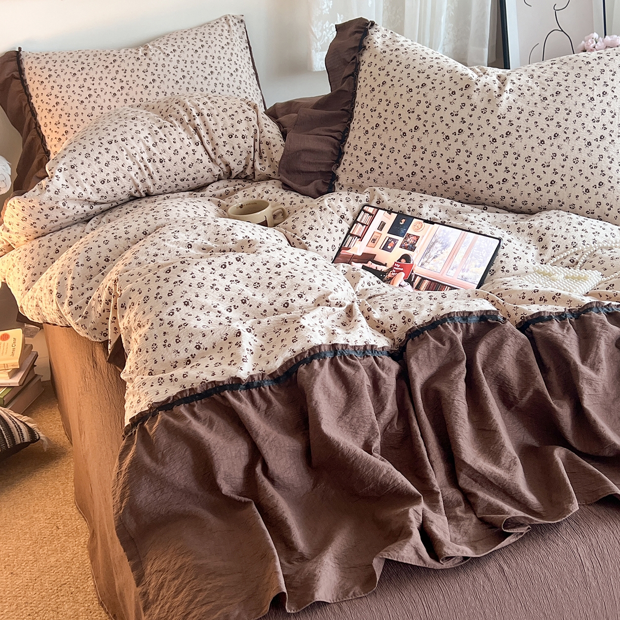 91家纺网 家纺一手货源 找家纺 晨曦家纺 2026新款韩系法式慵懒氛围感印花泡芙花边四件套 可可花舞