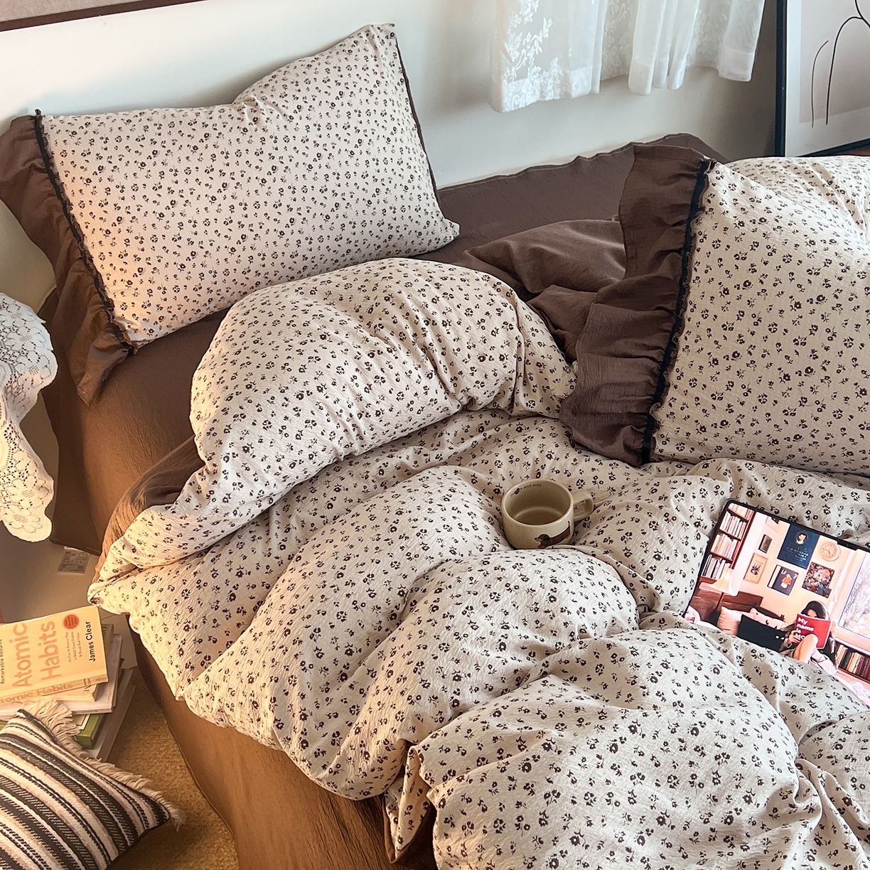 91家纺网 家纺一手货源 找家纺 晨曦家纺 2026新款韩系法式慵懒氛围感印花泡芙花边四件套 可可花舞