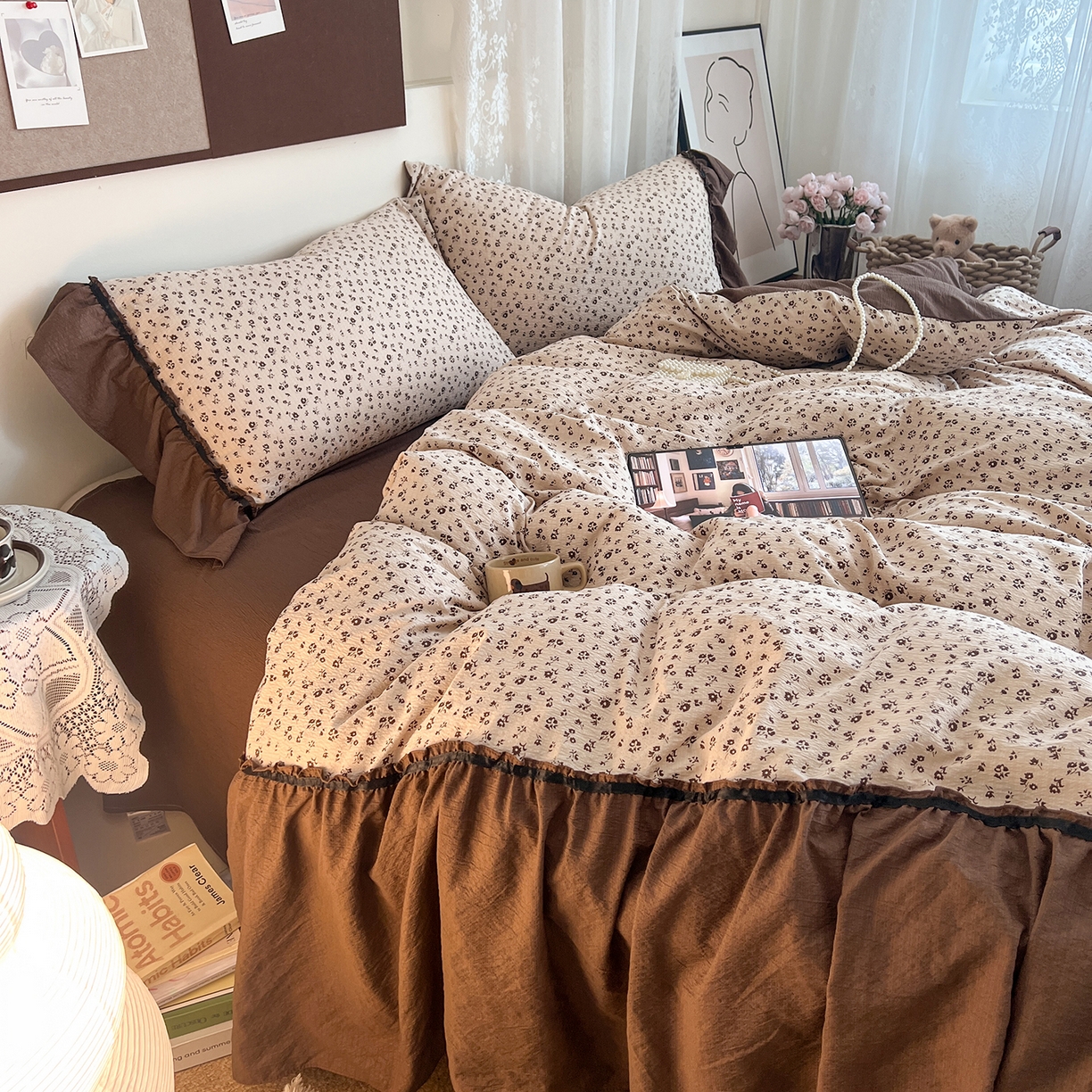 91家纺网 家纺一手货源 找家纺 晨曦家纺 2026新款韩系法式慵懒氛围感印花泡芙花边四件套 可可花舞