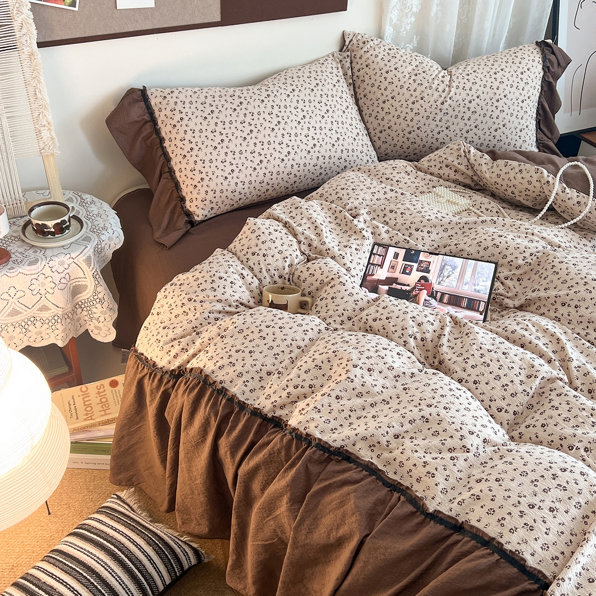 91家纺网 家纺一手货源 找家纺 晨曦家纺 2026新款韩系法式慵懒氛围感印花泡芙花边四件套 可可花舞