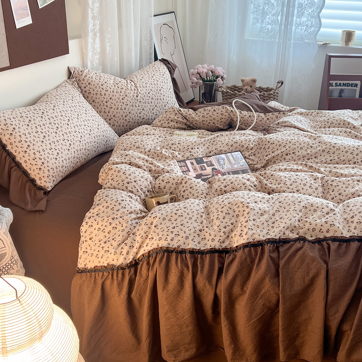 91家纺网 家纺一手货源 找家纺 晨曦家纺 2026新款韩系法式慵懒氛围感印花泡芙花边四件套 可可花舞