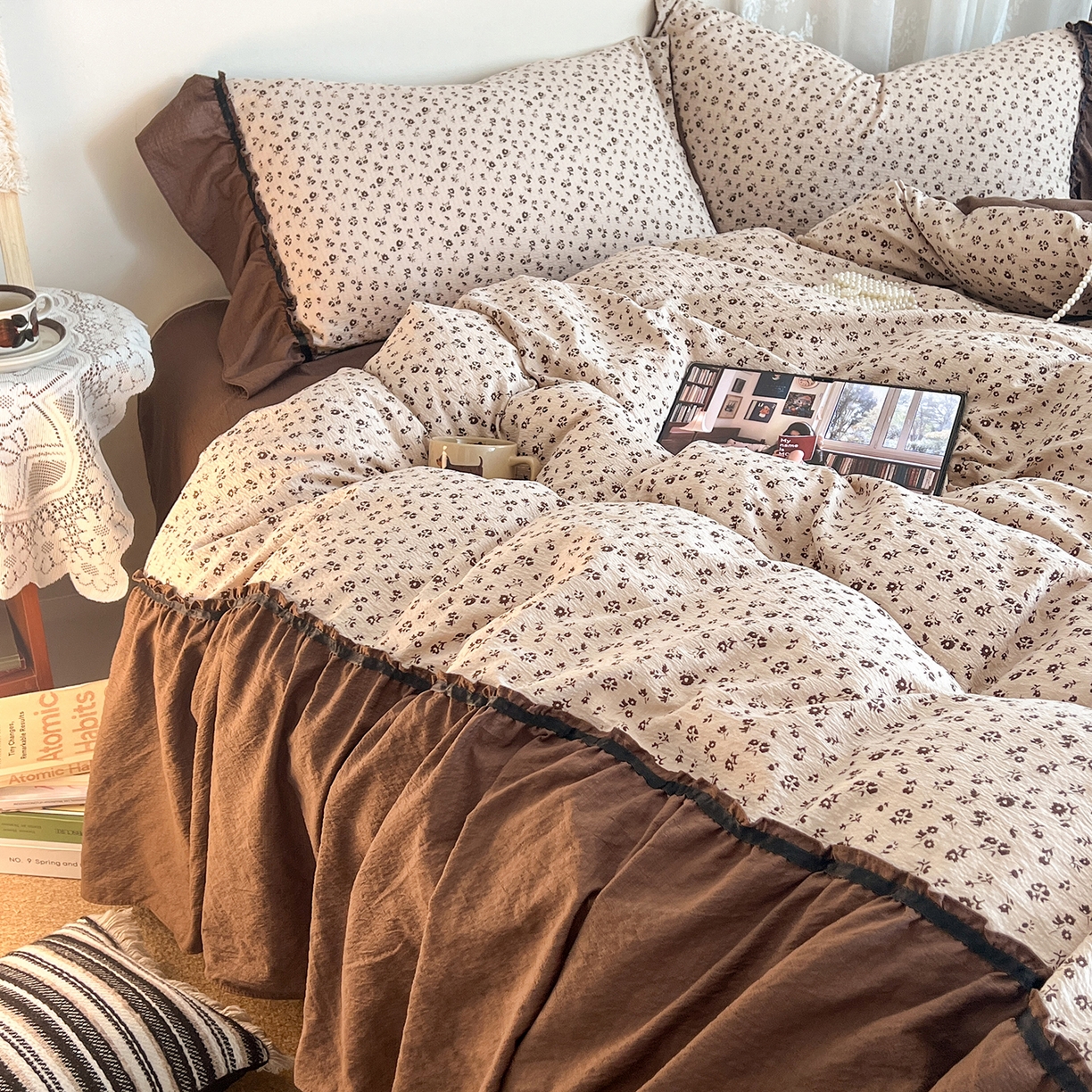 91家纺网 家纺一手货源 找家纺 晨曦家纺 2026新款韩系法式慵懒氛围感印花泡芙花边四件套 可可花舞