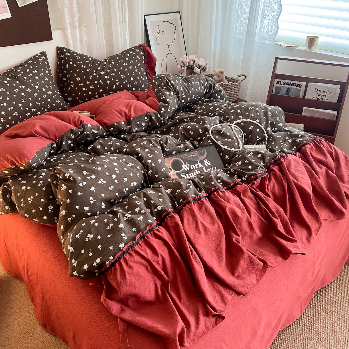 91家纺网 家纺一手货源 找家纺 晨曦家纺 2026新款韩系法式慵懒氛围感印花泡芙花边四件套 森系精灵