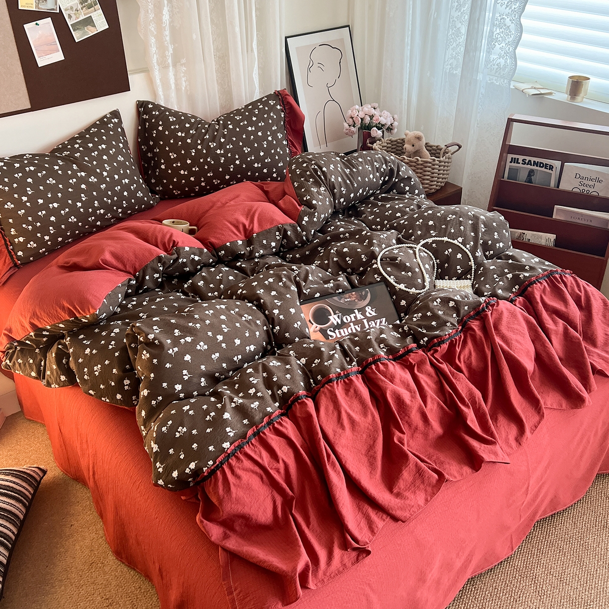 91家纺网 家纺一手货源 找家纺 晨曦家纺 2026新款韩系法式慵懒氛围感印花泡芙花边四件套 森系精灵