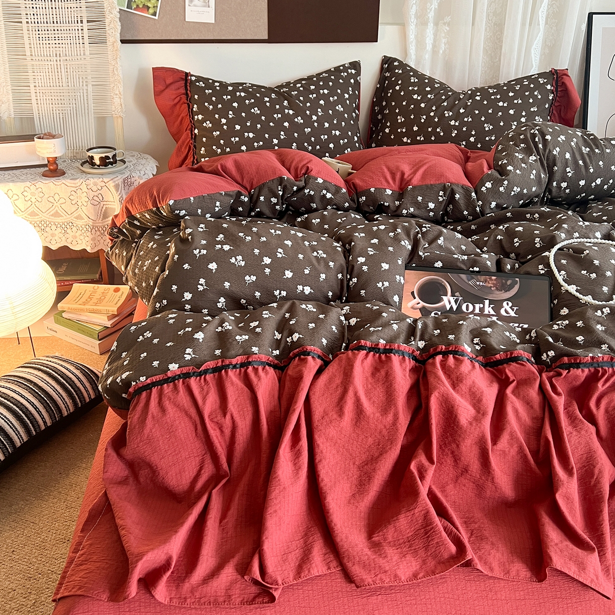 91家纺网 家纺一手货源 找家纺 晨曦家纺 2026新款韩系法式慵懒氛围感印花泡芙花边四件套 森系精灵