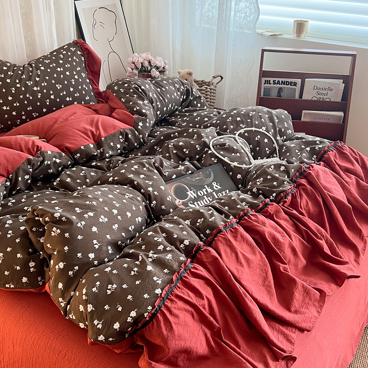 91家纺网 家纺一手货源 找家纺 晨曦家纺 2026新款韩系法式慵懒氛围感印花泡芙花边四件套 森系精灵