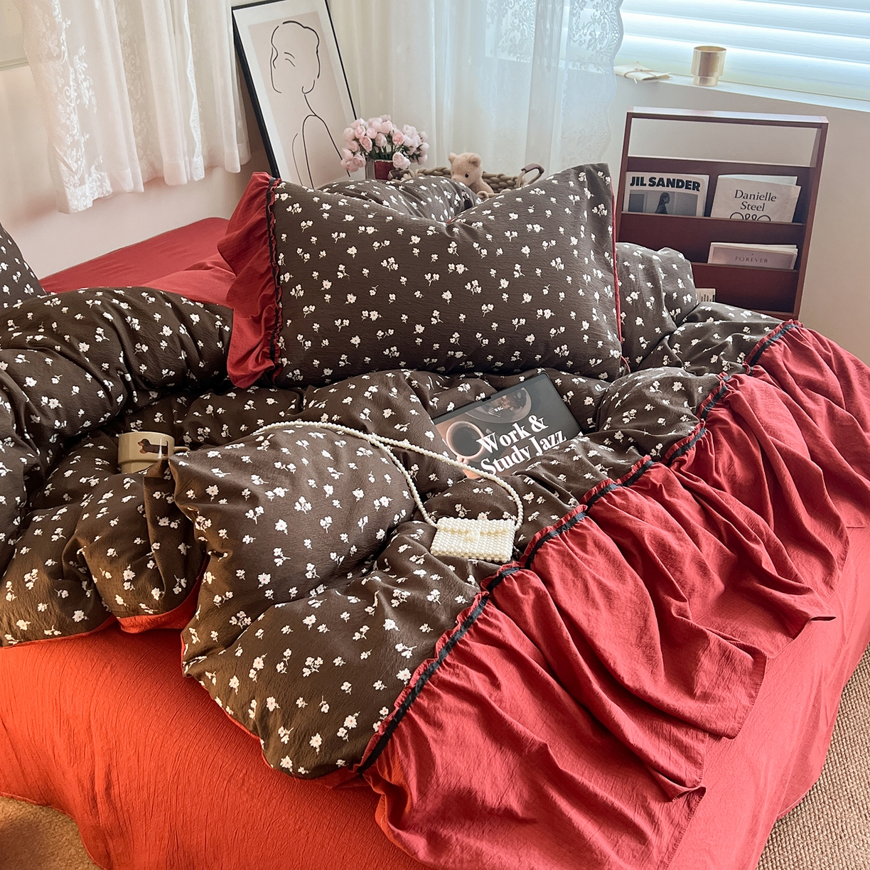 91家纺网 家纺一手货源 找家纺 晨曦家纺 2026新款韩系法式慵懒氛围感印花泡芙花边四件套 森系精灵