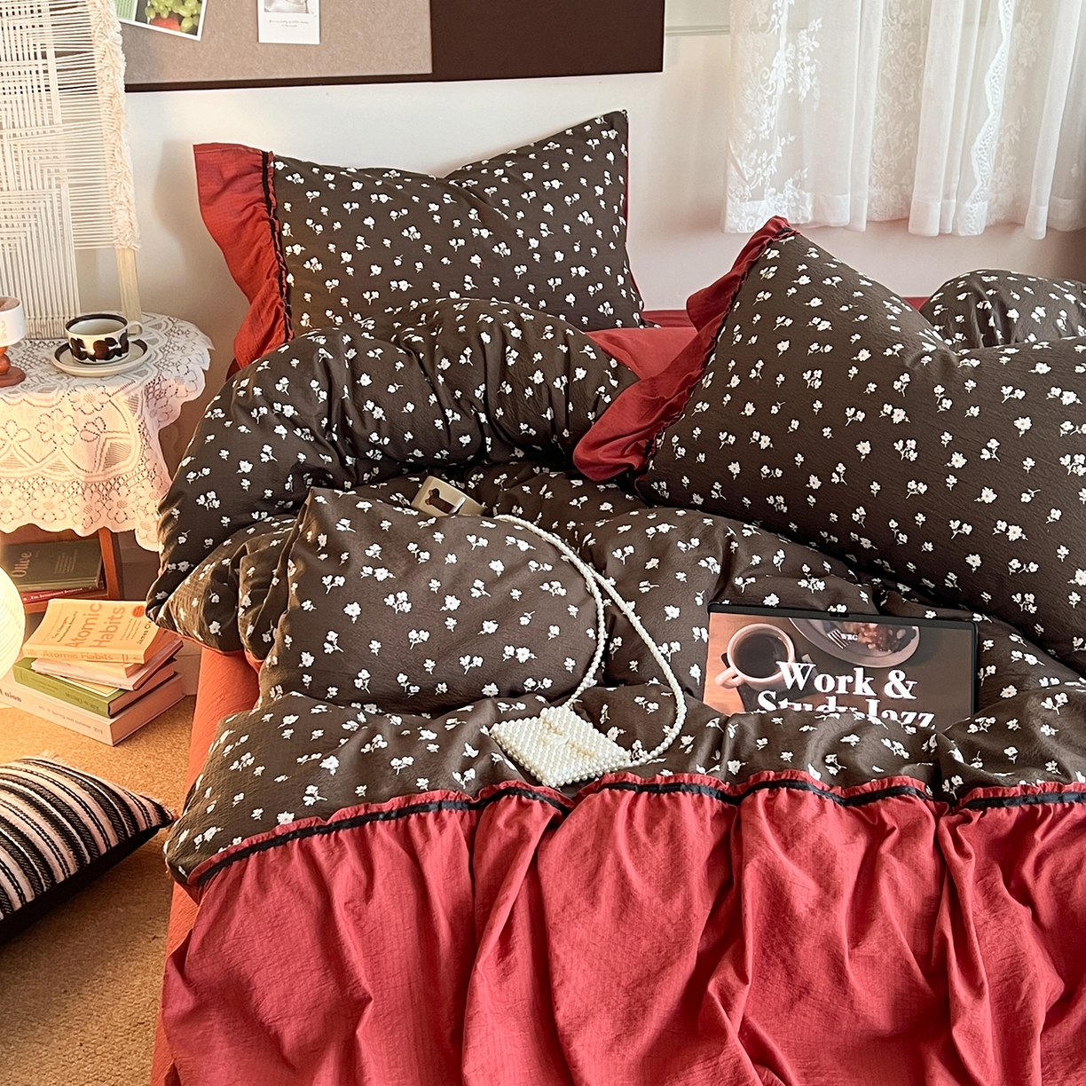 91家纺网 家纺一手货源 找家纺 晨曦家纺 2026新款韩系法式慵懒氛围感印花泡芙花边四件套 森系精灵