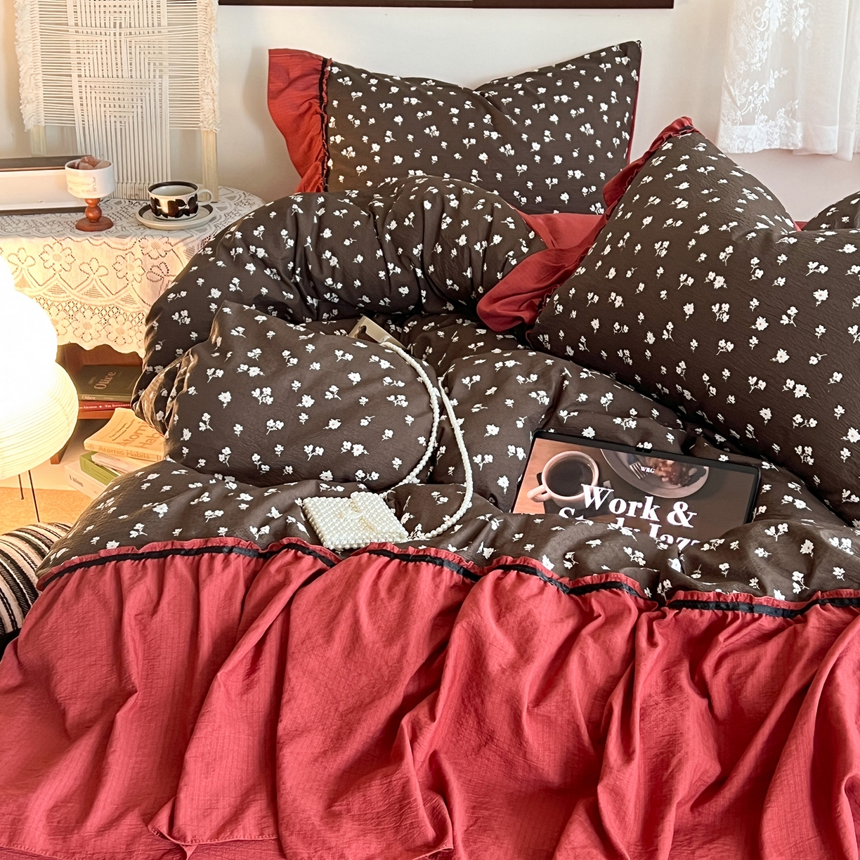 91家纺网 家纺一手货源 找家纺 晨曦家纺 2026新款韩系法式慵懒氛围感印花泡芙花边四件套 森系精灵