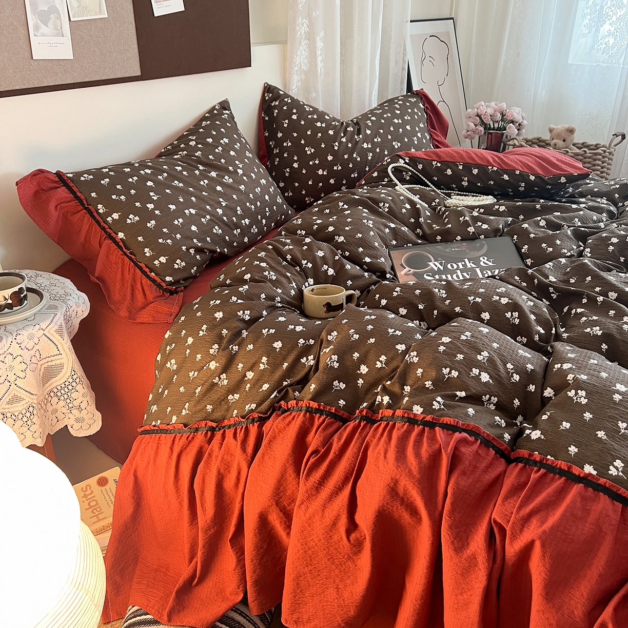 91家纺网 家纺一手货源 找家纺 晨曦家纺 2026新款韩系法式慵懒氛围感印花泡芙花边四件套 森系精灵