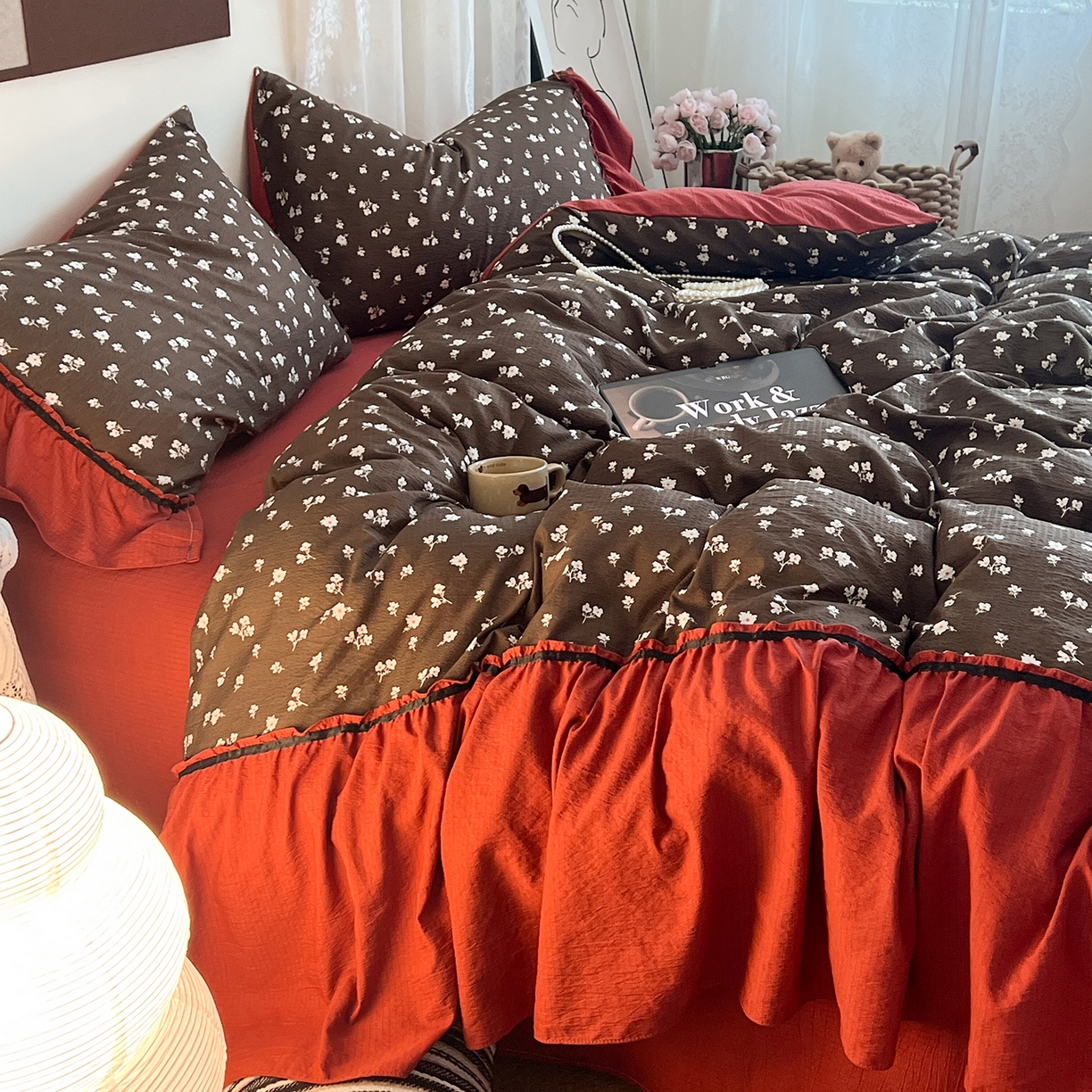 91家纺网 家纺一手货源 找家纺 晨曦家纺 2026新款韩系法式慵懒氛围感印花泡芙花边四件套 森系精灵