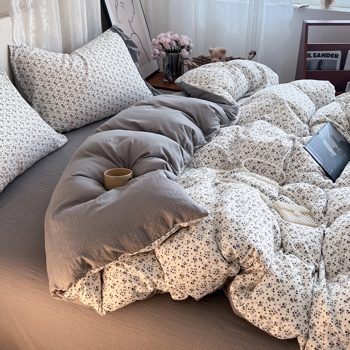 91家纺网 家纺一手货源 找家纺 晨曦家纺 2026新款韩系法式慵懒氛围感印花泡芙花边四件套 雾灰庄园