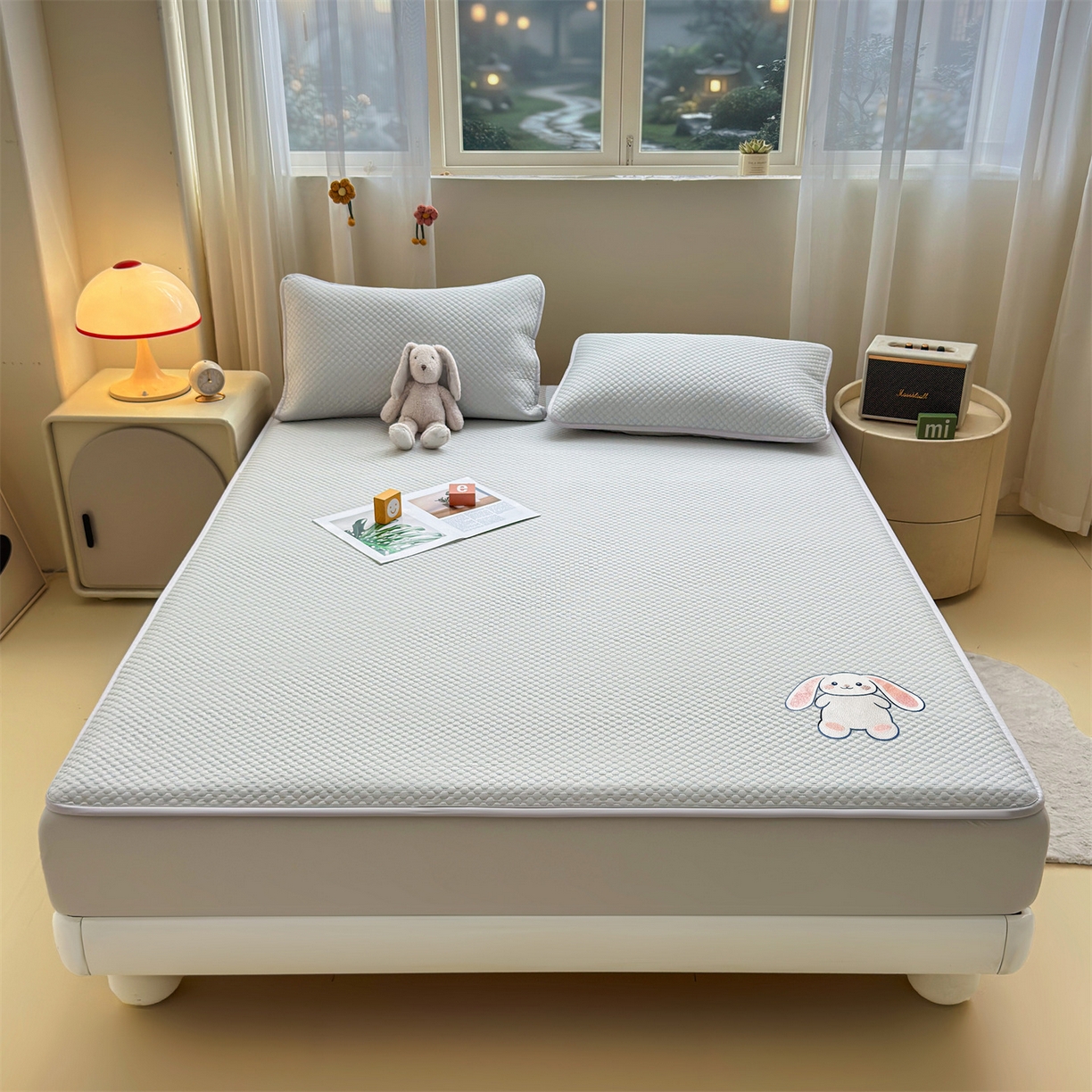 91家纺网 家纺一手货源 找家纺 雯豆家纺 2026新款夏季绣花三明治凉豆豆压花床笠三件套加厚床罩床垫保护套 大耳朵兔床笠款-银灰