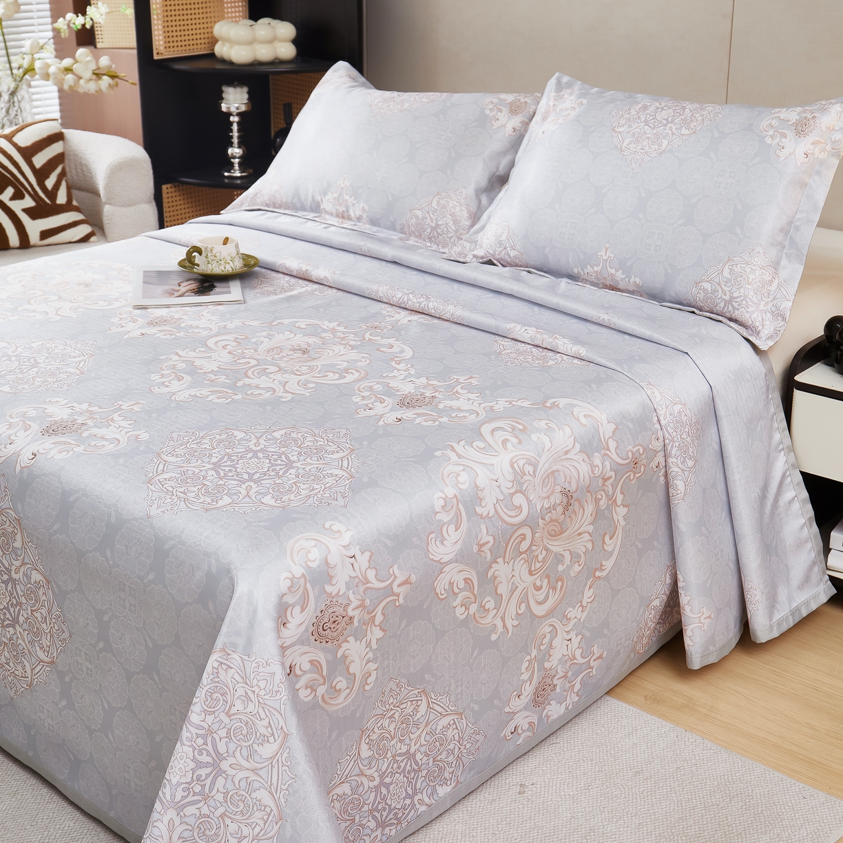 91家纺网 家纺一手货源 找家纺 星窝家纺 2026新款直播电商优选可机洗斜纹提花冰丝凉席三件套 巴黎春天