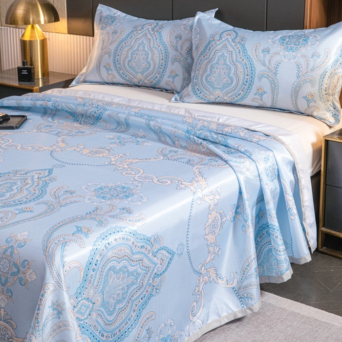 91家纺网 家纺一手货源 找家纺 星窝家纺 2026新款直播电商优选可机洗斜纹提花冰丝凉席三件套 宫廷蓝