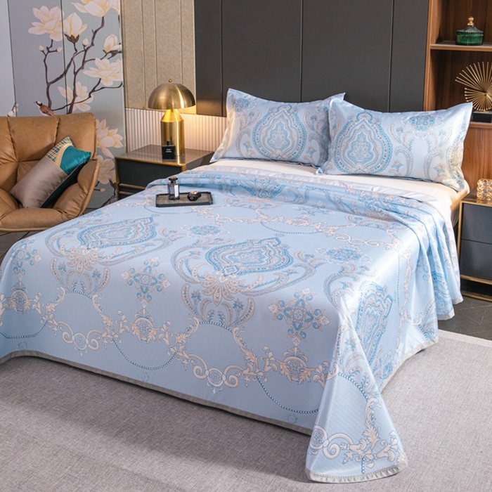 91家纺网 家纺一手货源 找家纺 星窝家纺 2026新款直播电商优选可机洗斜纹提花冰丝凉席三件套 宫廷蓝