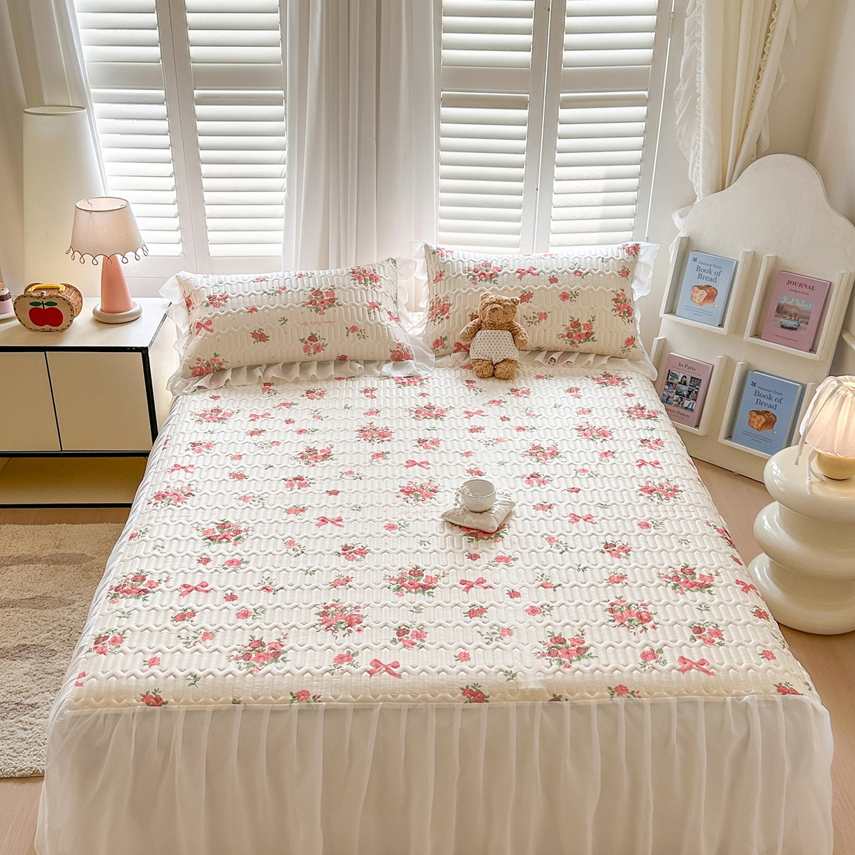 91家纺网 家纺一手货源 找家纺 慕澄2026新款小版印花床裙款乳胶凉席凉感丝夏被四件套 玫瑰结