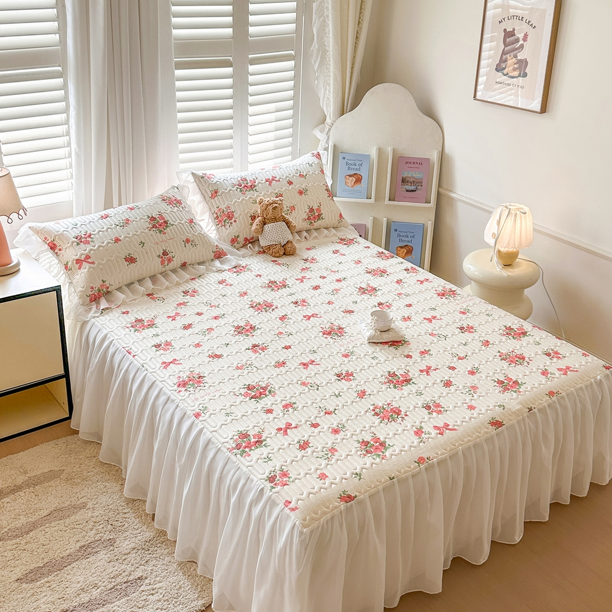 91家纺网 家纺一手货源 找家纺 慕澄2026新款小版印花床裙款乳胶凉席凉感丝夏被四件套 玫瑰结